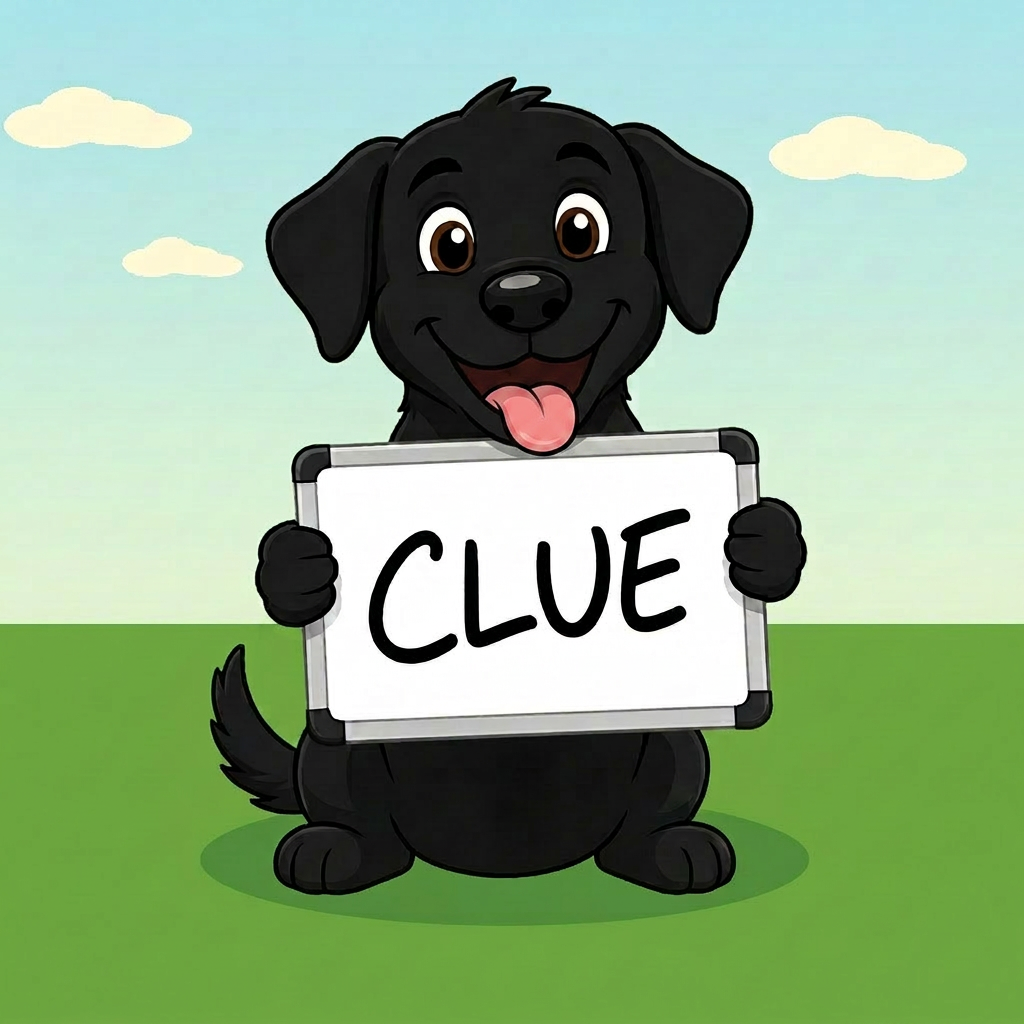 Louie holding a CLUE whiteboard